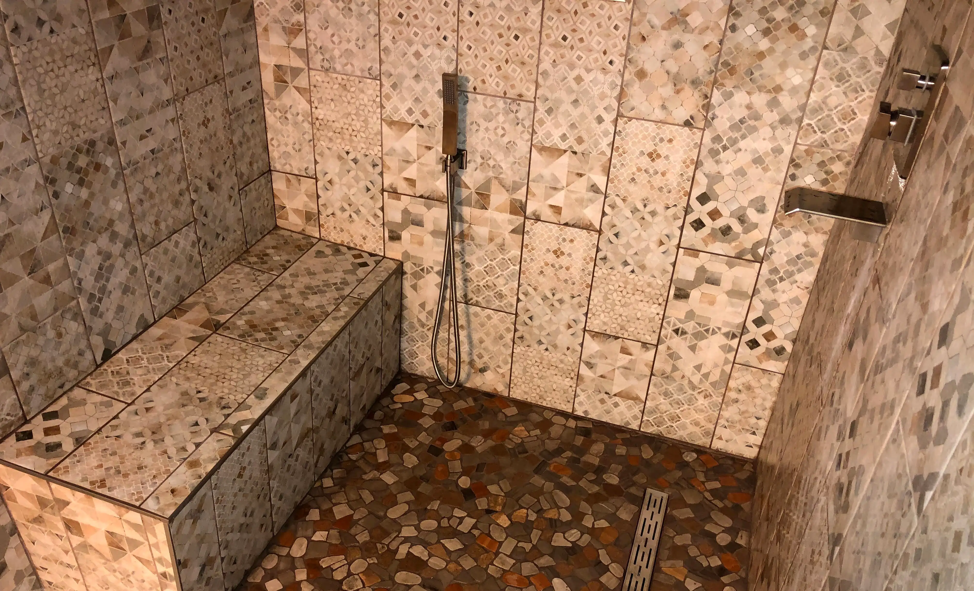 Roswell custom tiled shower bench pebble floor linear drain
